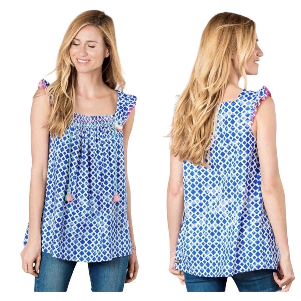 Matilda Jane Women's Wandering Waters Blue & White Smocked Shirt Tank‎ Small